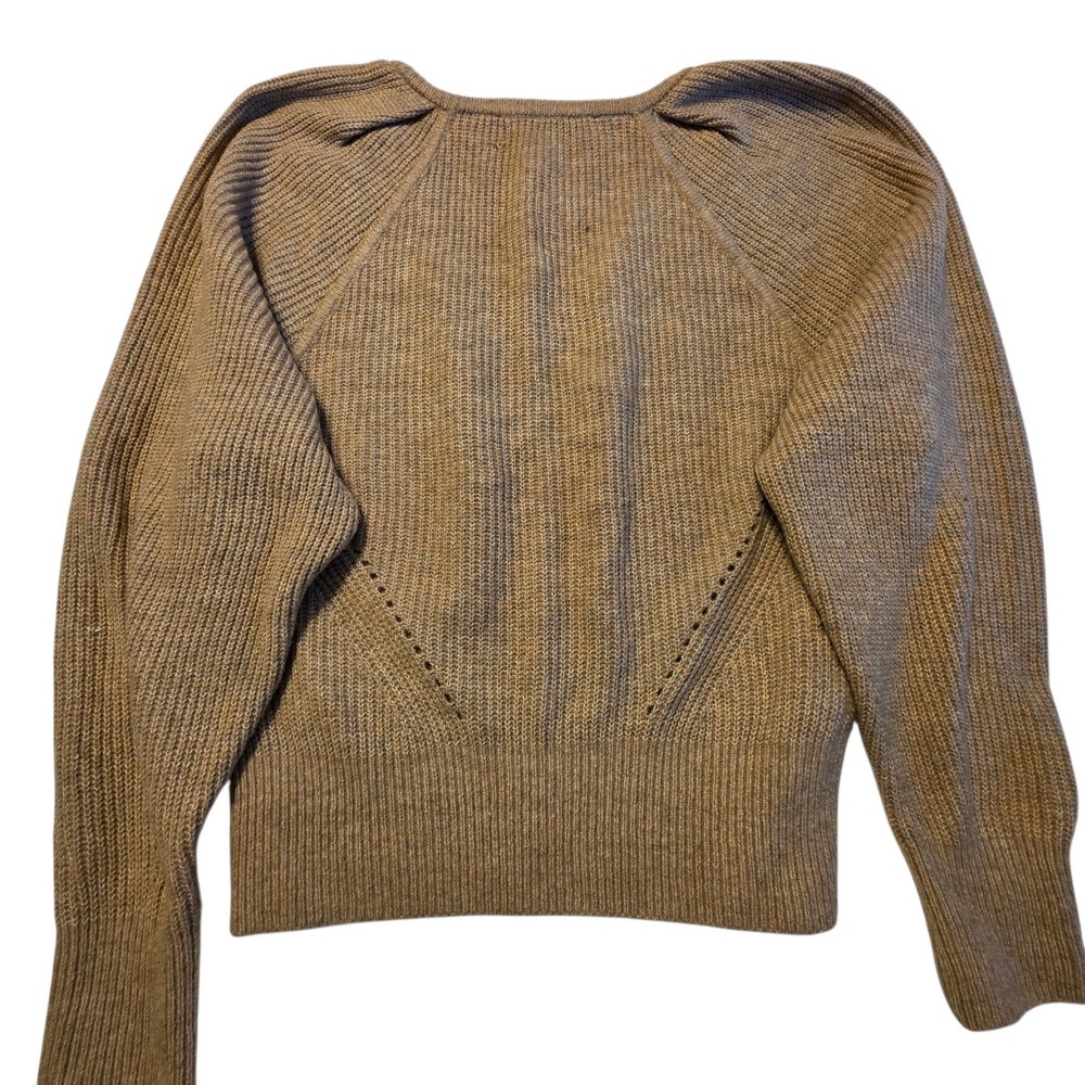 White House Black Market V-Neck Sweater Womens M Tan Puff Shoulder Pointelle - Picture 7 of 10